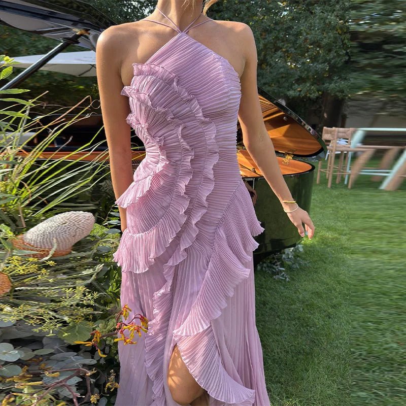 Ruffled Halter Evening Dress - HalleBeauty